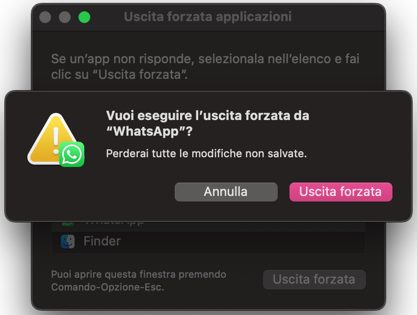 Apparirà una finestra sul Mac che ti chiederà di confermare l’uscita forzata dell’app. Per confermare, premi semplicemente Invio.
