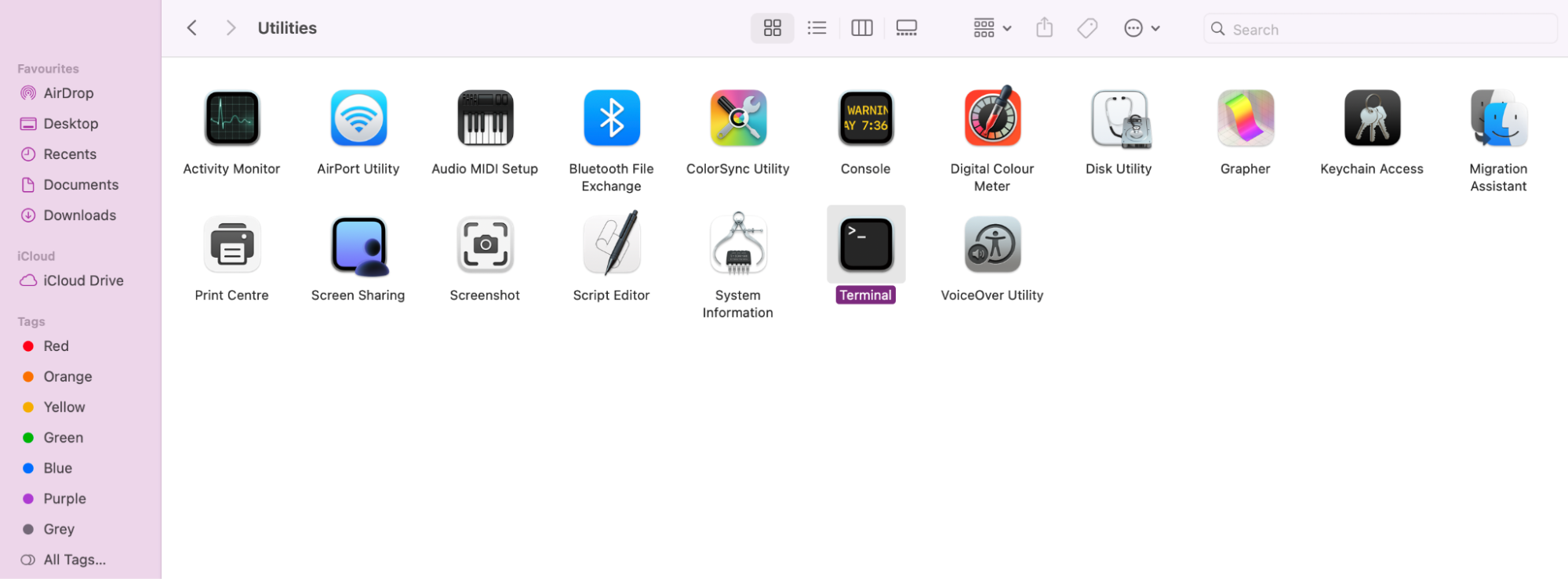 To restart coreaudio, first you’ll need to open Terminal. You can find it in the Utilities sub-folder within your main Applications folder.