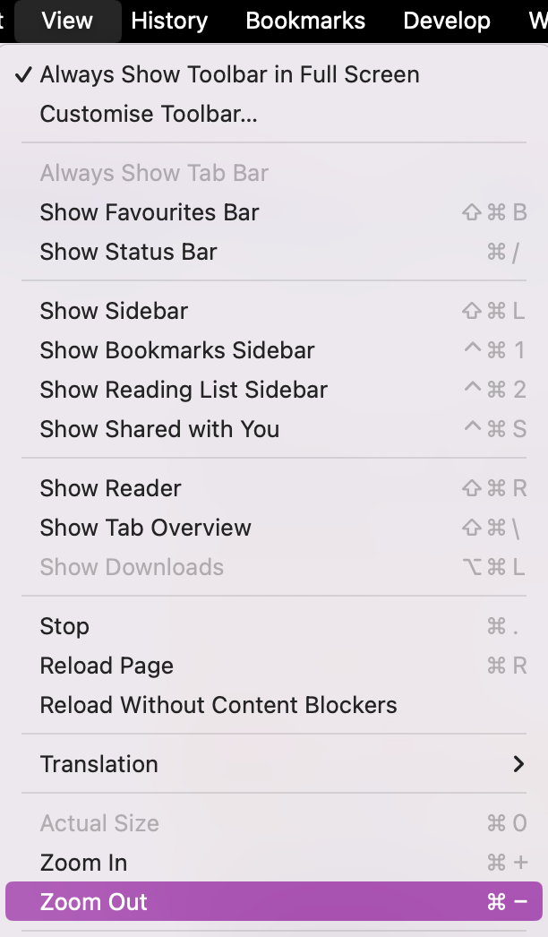 Afterwards, you can then go to the View content menu option in a Safari window. From View, you can scroll until you see the Zoom options that you can use to alter the page view.