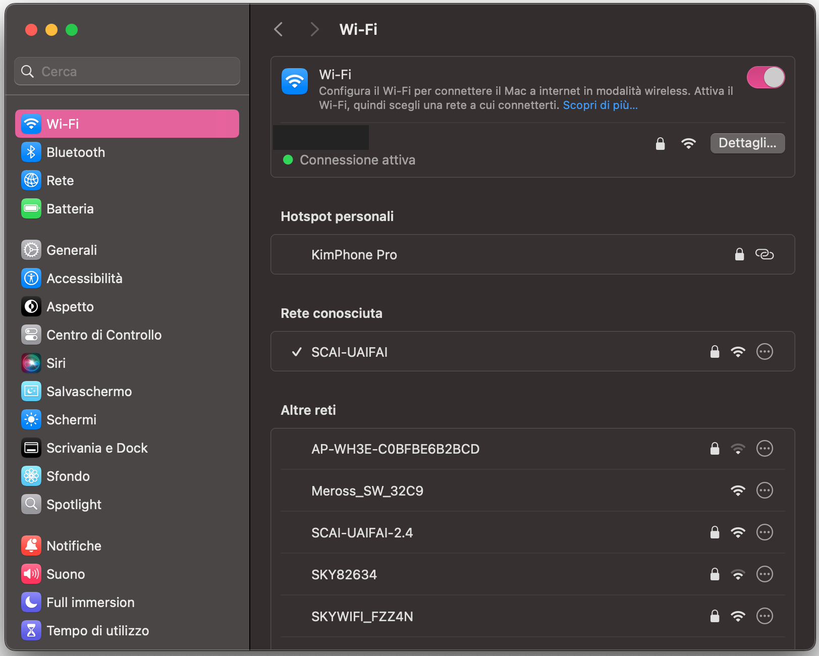 La sezione Rete in Impostazioni di Sistema ti permette di configurare o modificare i dettagli della connessione Wi-Fi.
