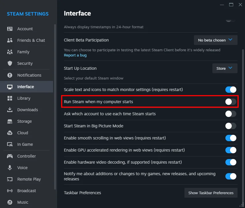 Steam settings are opened on a MacBook. To Steam from the Steam app settings, toggle off the Run Steam when my computer starts feature.
