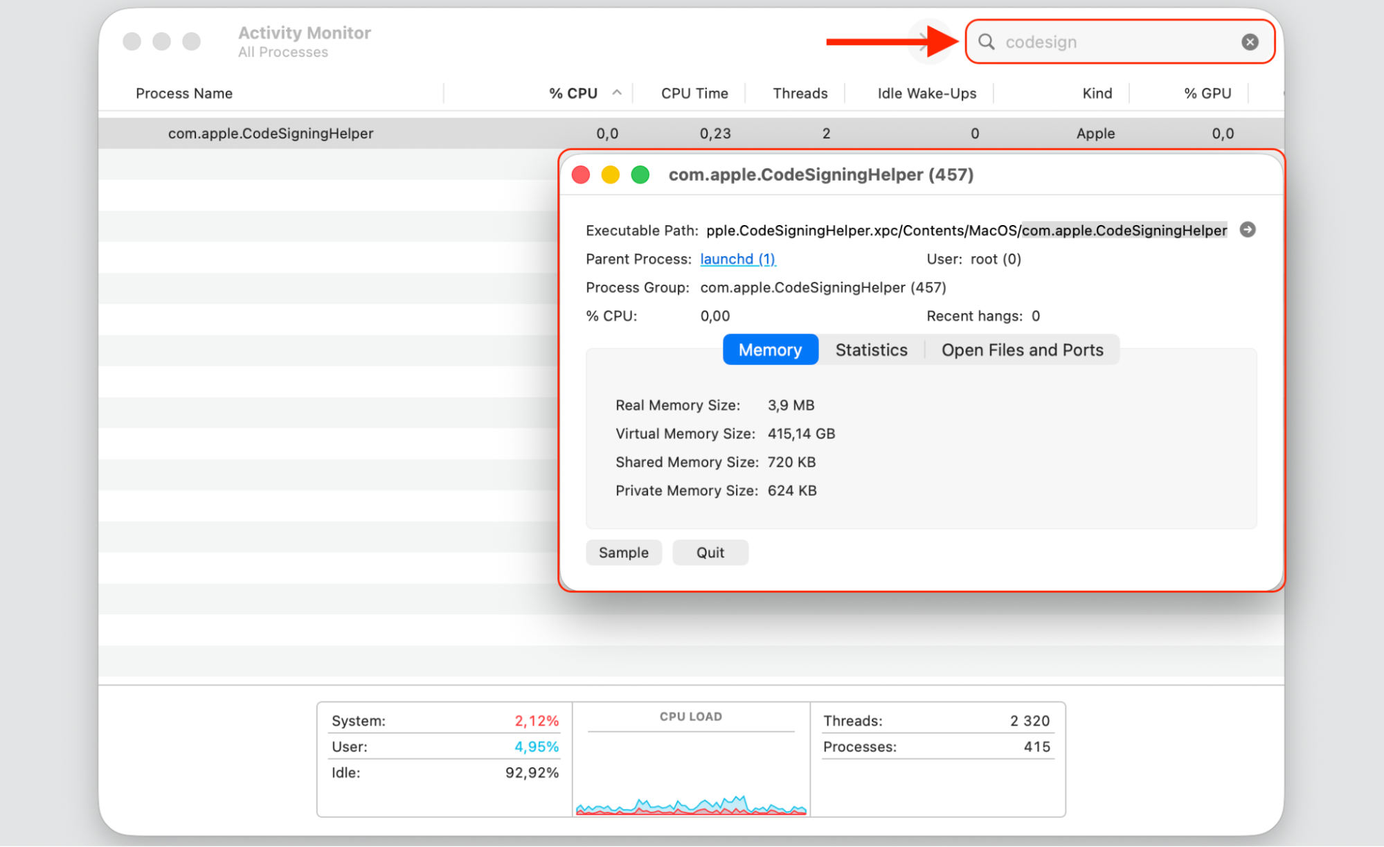 Activity Monitor on macOS with codesign typed in the search field, showing the CodeSigningHelper process and its CPU spikes on Mac.