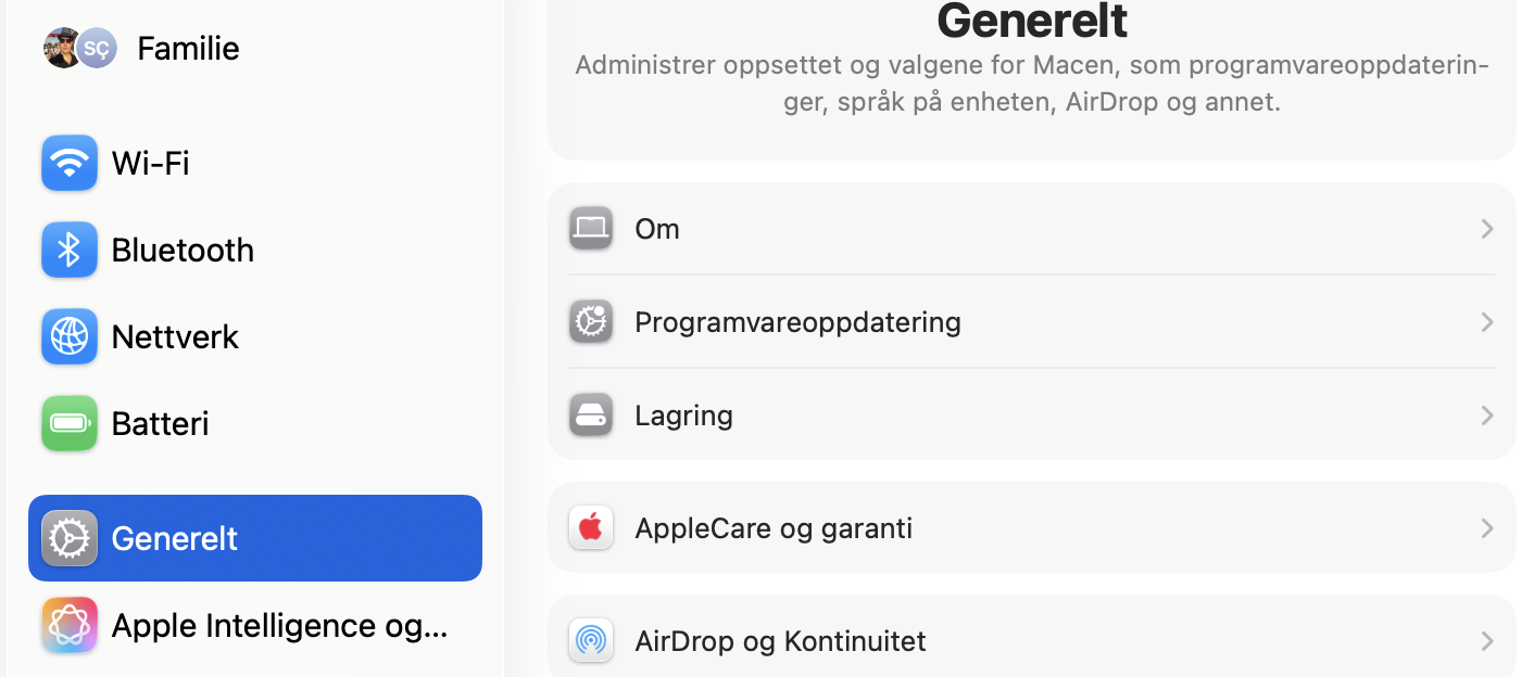 Hvis du trenger å frigjøre diskplass på Mac, anbefaler vi at du ser etter dine personlige anbefalinger. Gå til Systeminnstillinger, klikk på fanen Generelt, og deretter Lagring.