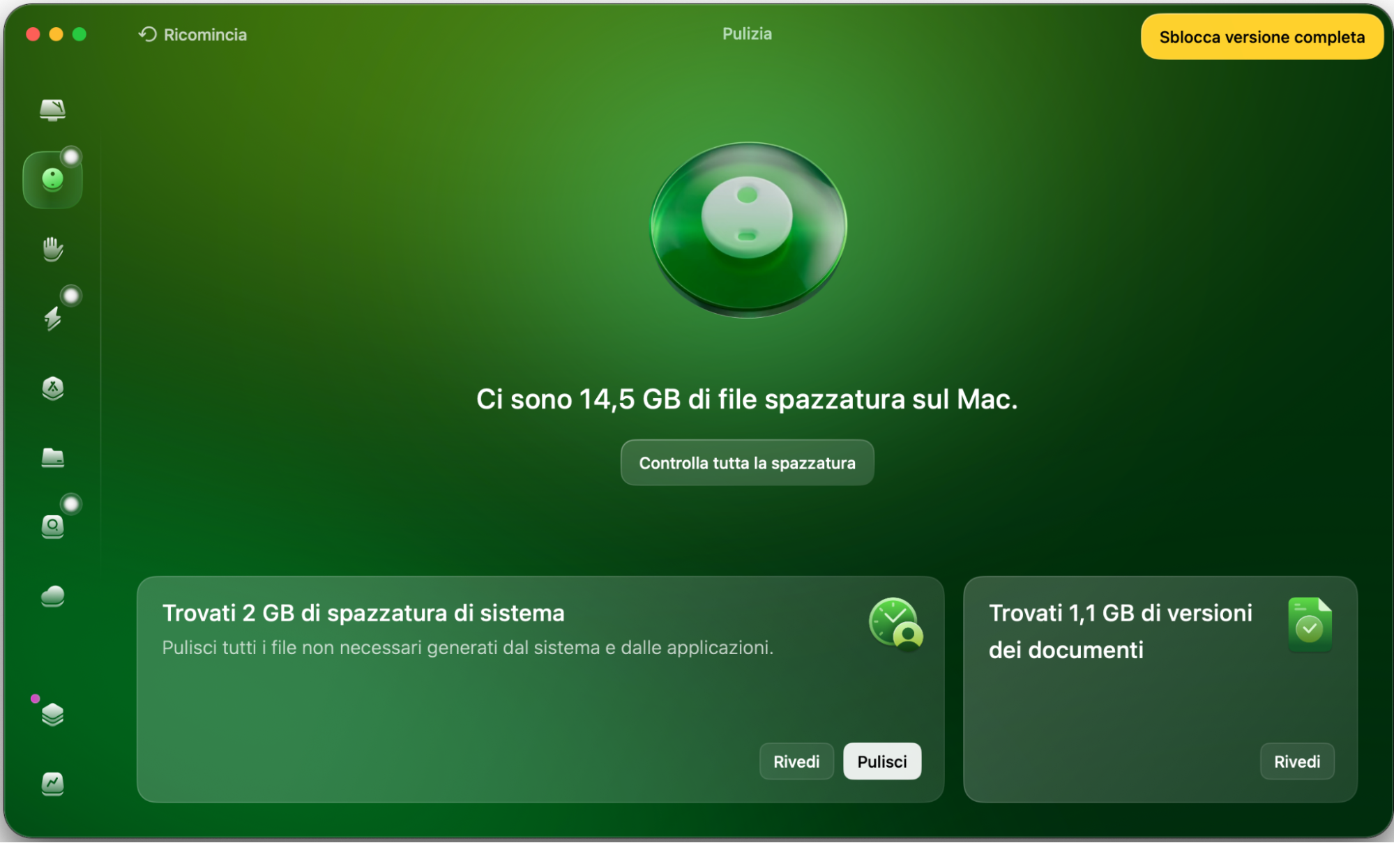 La scheda Pulizia di CleanMyMac è aperta per mostrare all’utente le ultime operazioni di pulizia effettuate e l’eventuale spazio liberato come risultato.