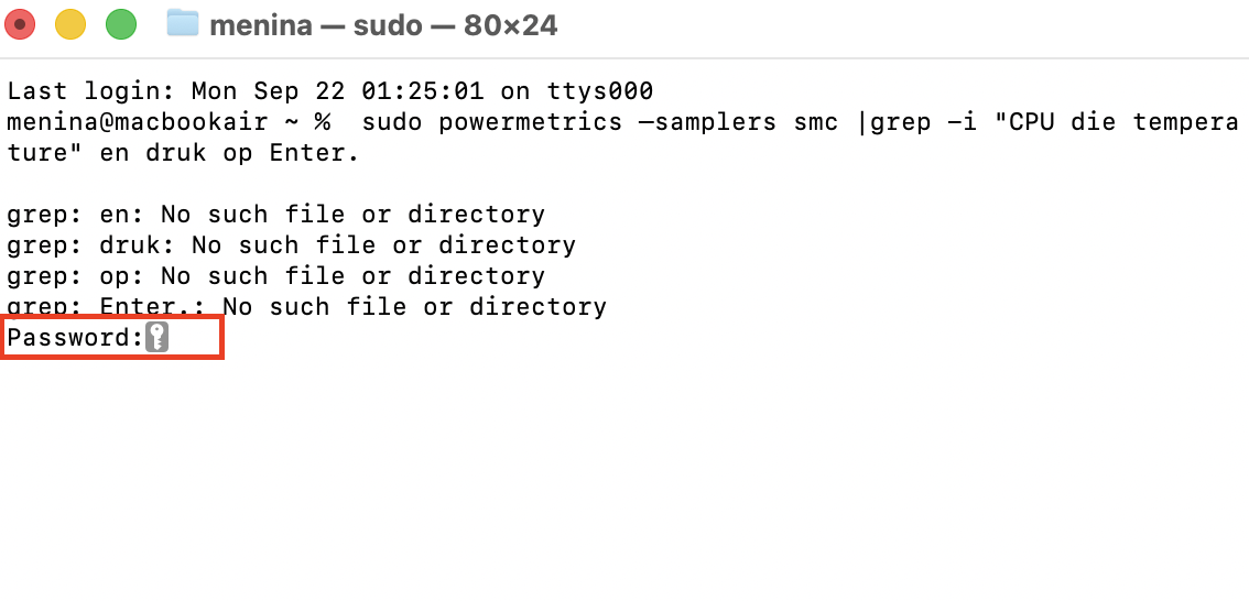 Voer het beheerderswachtwoord in en wacht tot de actuele temperatuur van je Mac wordt weergegeven.