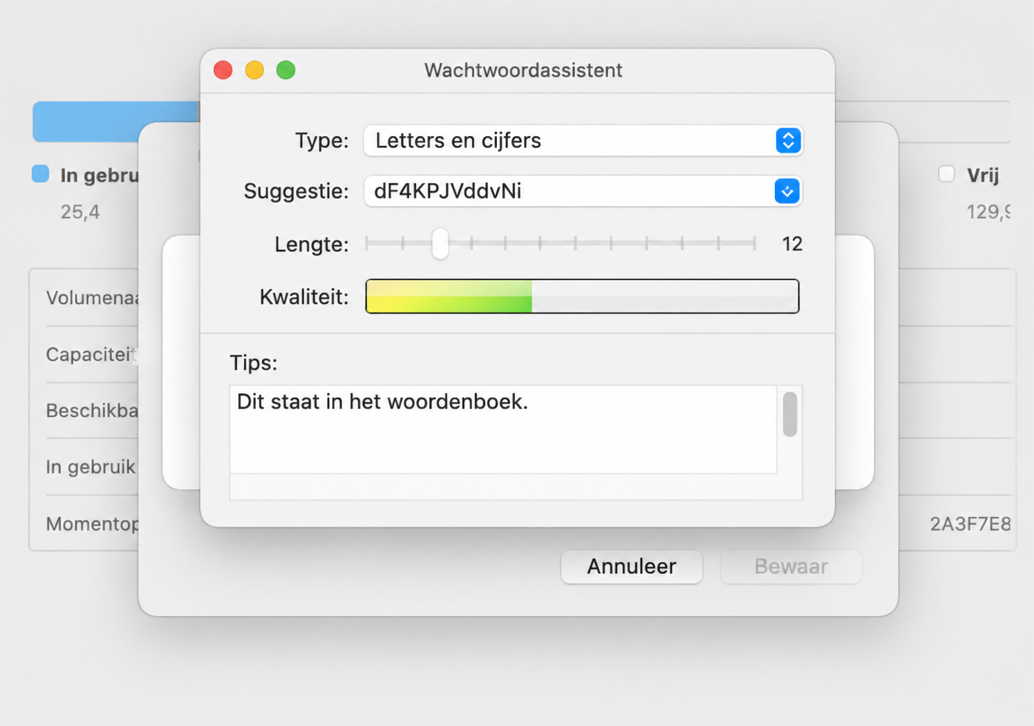 Als alternatieve methode kun je op het sleutelpictogram klikken en macOS een sterk wachtwoord voor je laten aanmaken. Klik nogmaals op Kies wanneer je klaar bent.  