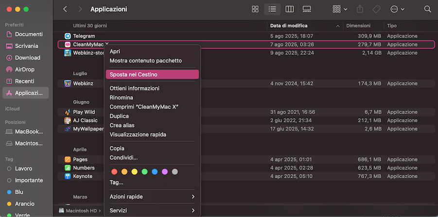 Nella parte superiore della colonna Data aggiunta, nella cartella Applicazioni, vedrai le app scaricate più di recente. Scegli quella che non ti serve, fai clic destro e seleziona Sposta nel Cestino.