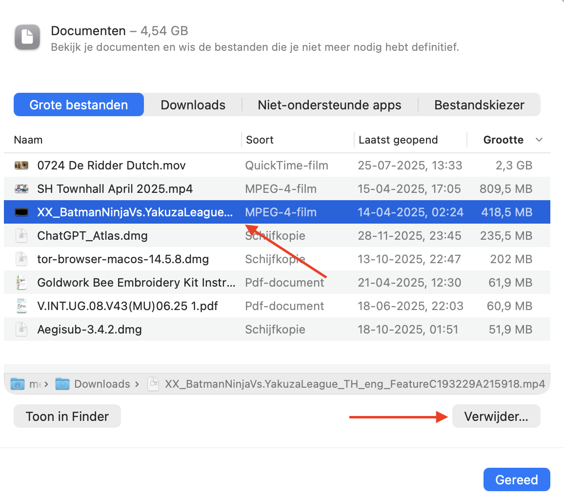 Het menu Opslag in Systeeminstellingen op de Mac toont het hulpmiddel om ongewenste documenten te verwijderen. Selecteer een document dat je wilt verwijderen en klik op Verwijder.