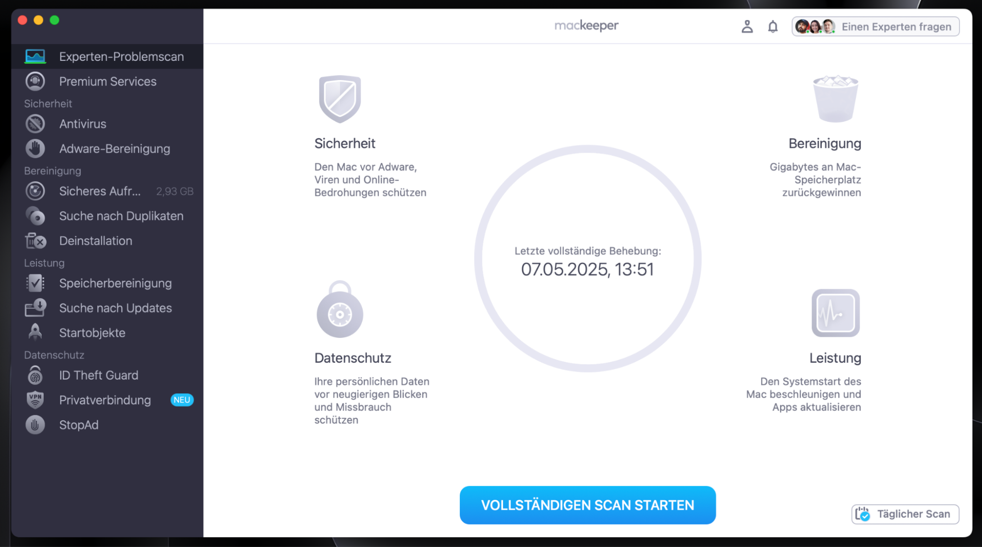 Um ein WLAN-Problem auf Ihrem Mac zu erkennen, verwenden Sie das Expertenproblemscan-Tool von MacKeeper. Starten Sie MacKeeper, wählen Sie links Expertenproblemscan und klicken Sie auf Vollständigen Scan starten.