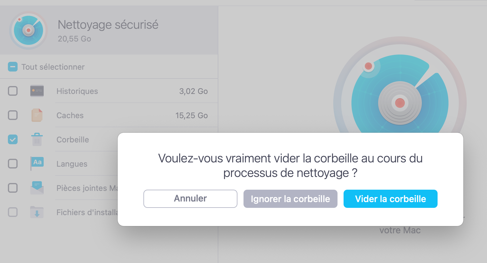 Pour libérer de l'espace, cliquez sur Supprimer afin de vider la Corbeille et supprimer les fichiers d'installation pendant le nettoyage.