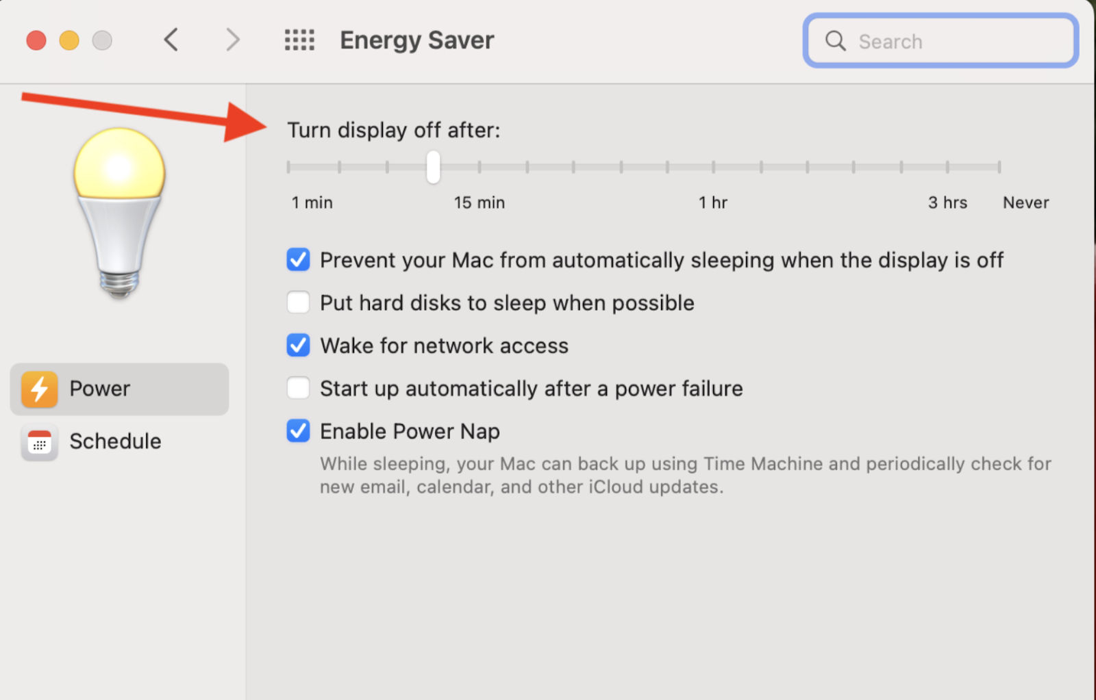 If you have an older Mac that runs older macOS software, you’ll need to open System Preferences and go to Energy Saver. From there, select Power Adapter and drag the bar where it says Turn display off aff all the way to Never as this will keep your Mac on even when it's shut.
