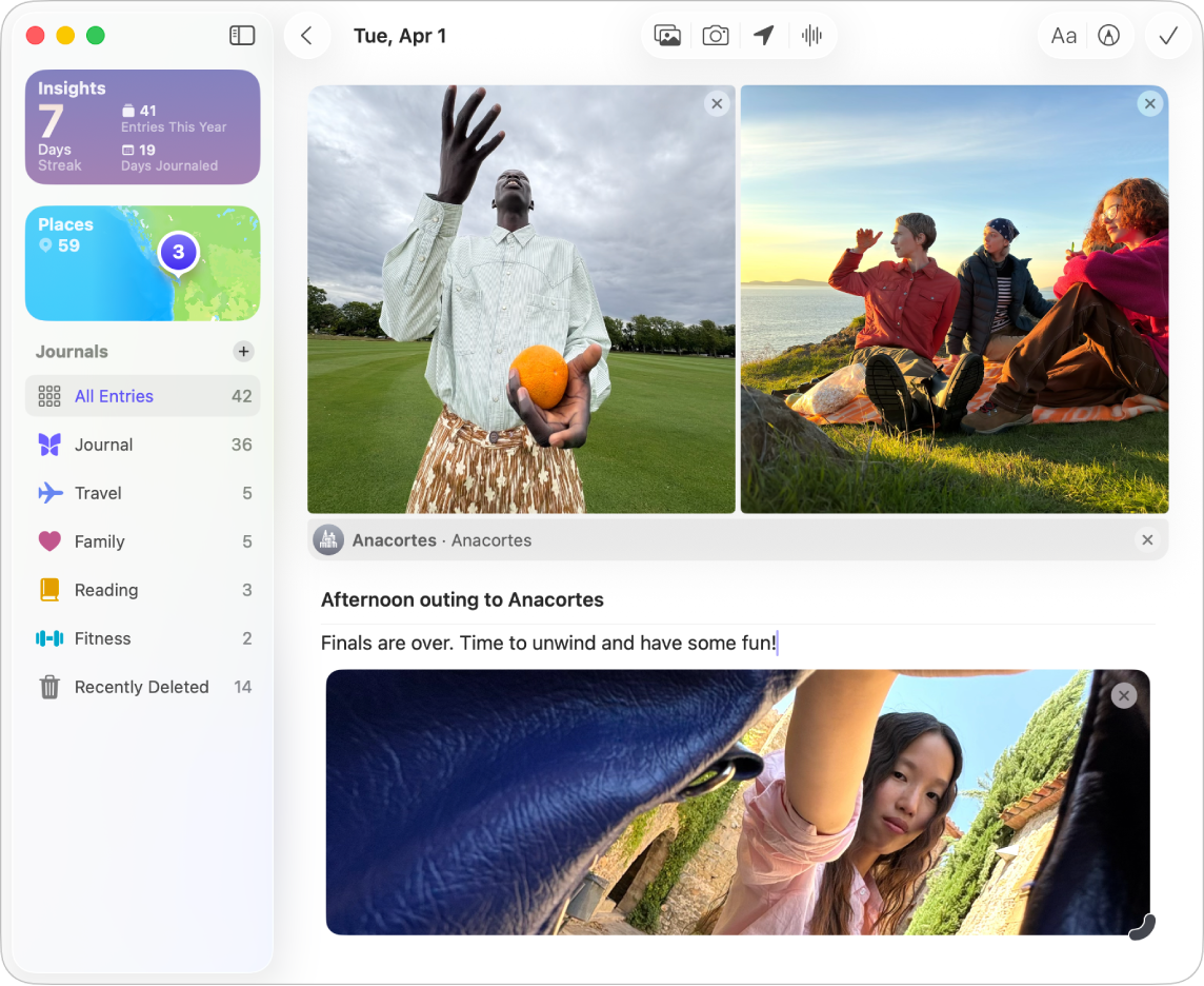 Previously available for iPads and iPhones, the Apple Journal app is available in macOS Tahoe. It lets you build a journal, with text, images, video, and more.