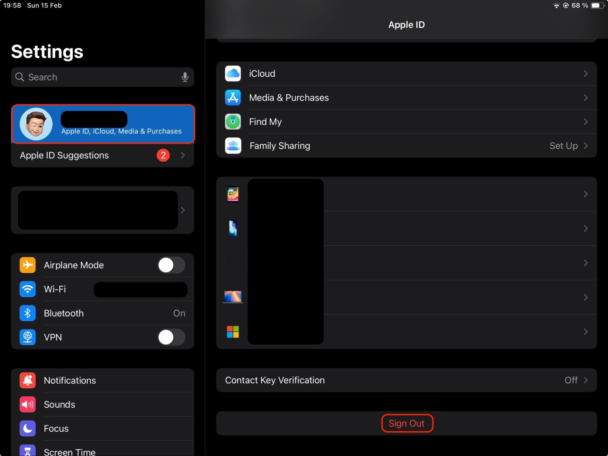 Open Settings on your iPad, tap your Apple ID name at the top of the sidebar, and select the Sign Out option to log out of your account.