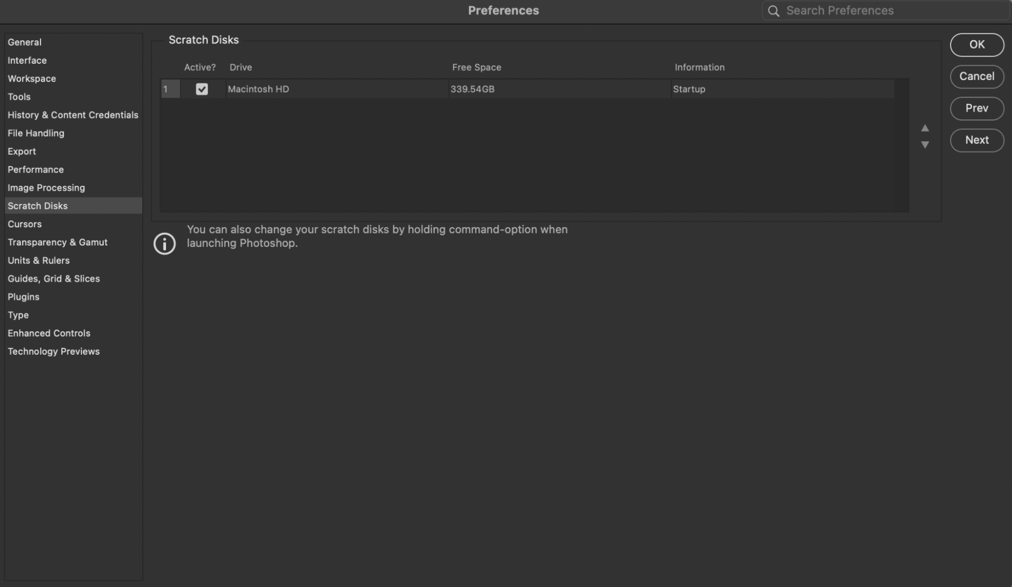 In the same place you can set your Photoshop scratch disk, you can also check what's currently selected for that purpose.