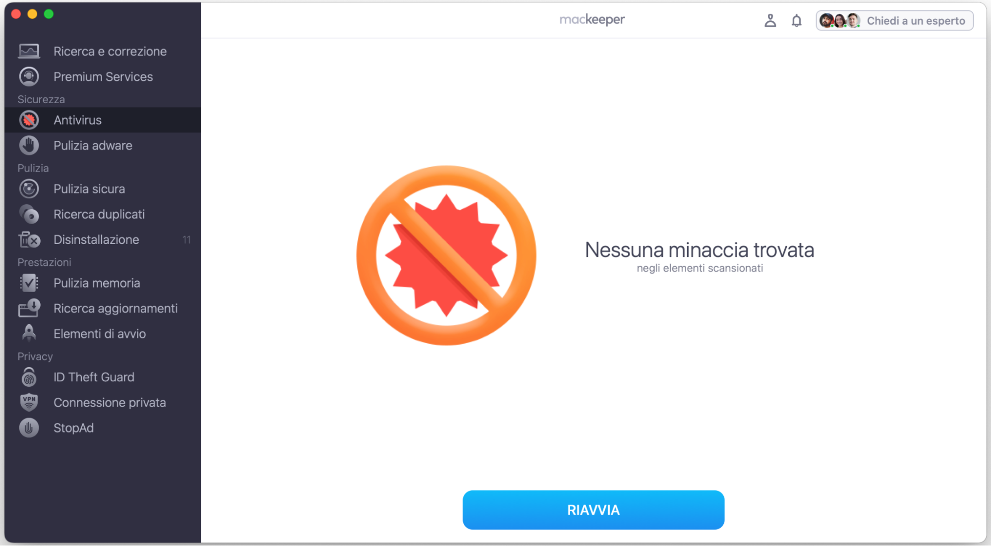 L’Antivirus di MacKeeper, dopo che la scansione è terminata e non sono state trovate minacce. Come eseguire una scansione antivirus, parte di una guida su come bloccare i falsi pop-up McAfee su Mac.