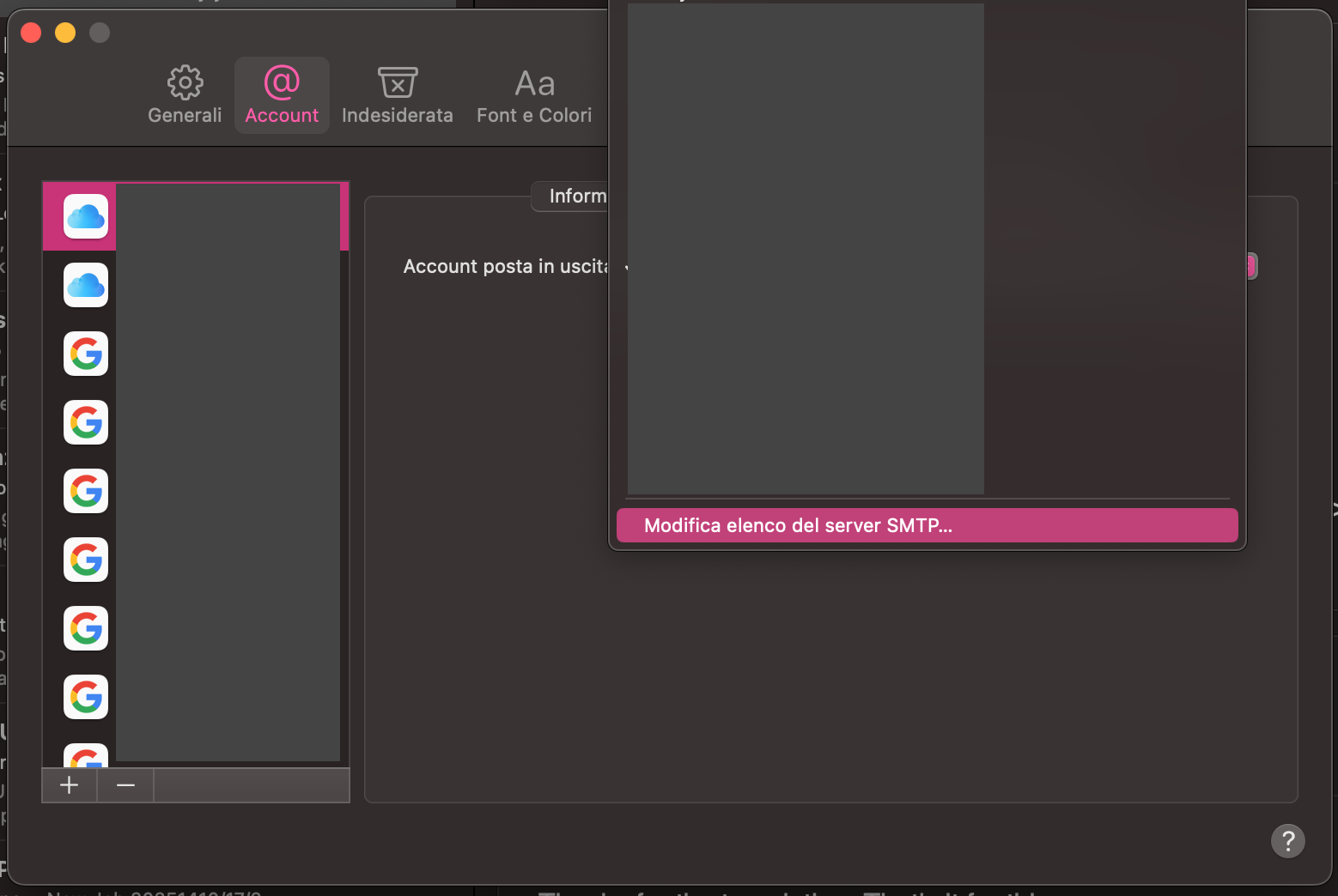 Nella finestra Account aperta sul tuo Mac, seleziona l’account desiderato o creane uno nuovo cliccando sul pulsante +. Sotto Server posta in uscita, scegli l’opzione Modifica elenco server SMTP.
