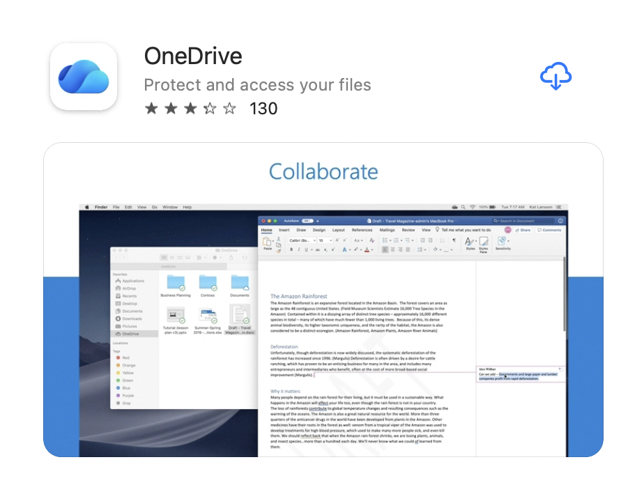 Mac App Store listing for the OneDrive app on macOS with the download button used to reinstall OneDrive on your MacBook.