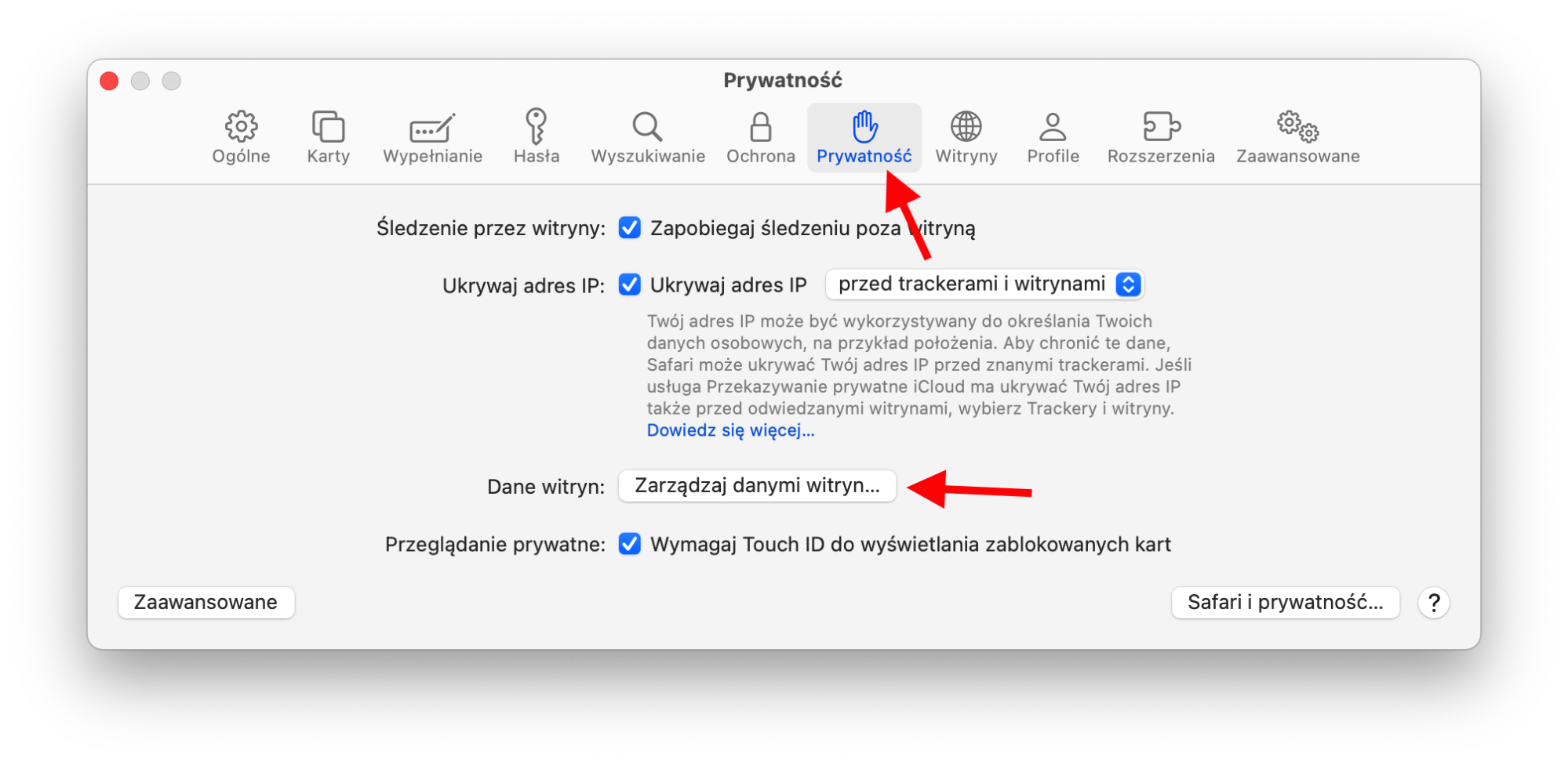 Ustawienia Safari na Macu pokazują sekcję Prywatność. Kliknij Zarządzaj danymi witryn, aby wyczyścić wszystkie pliki pamięci podręcznej przeglądarki.