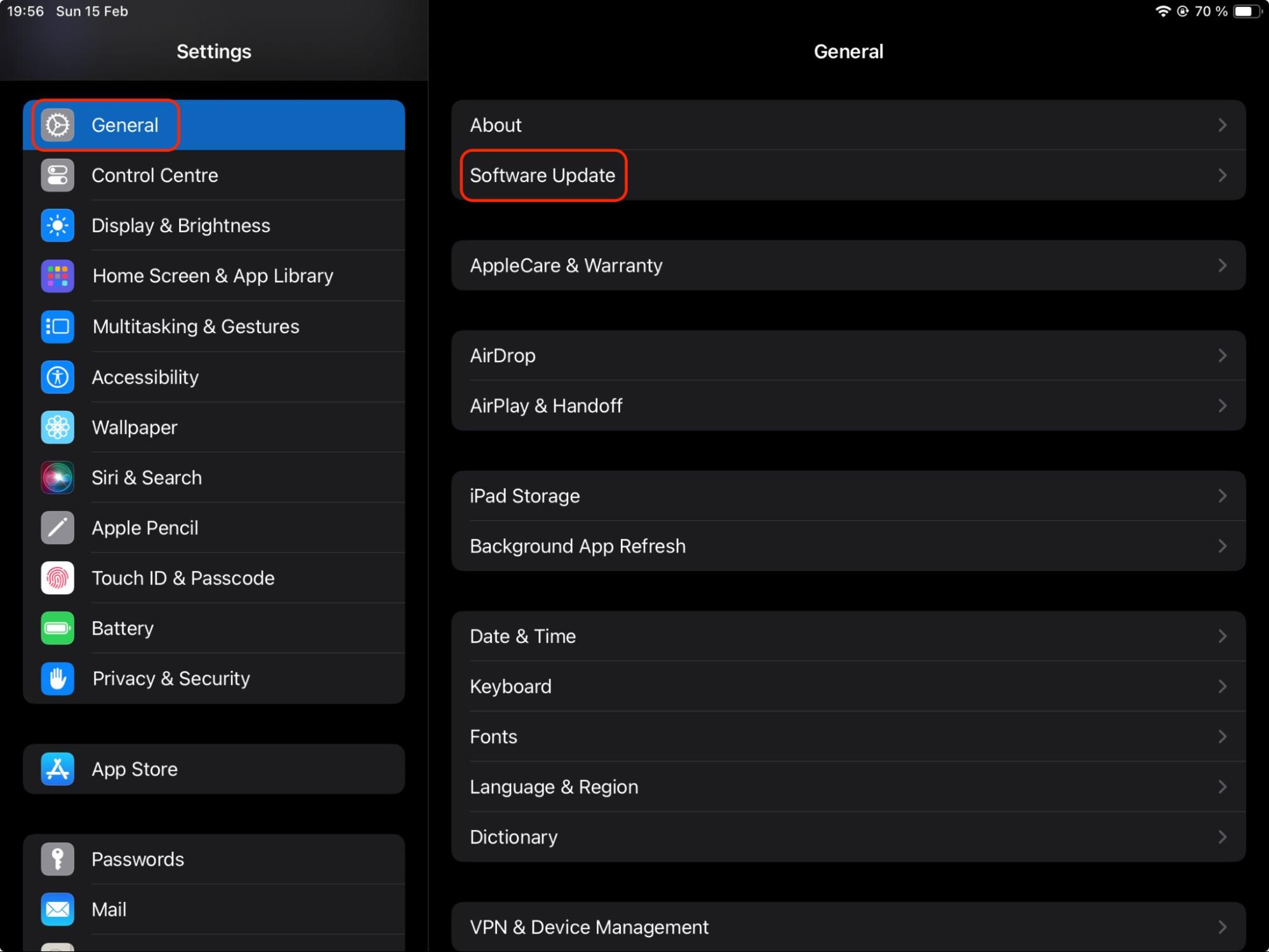 Open iPad Settings, tap the General category, and select Software Update to find and install the latest version of iPadOS for your device.