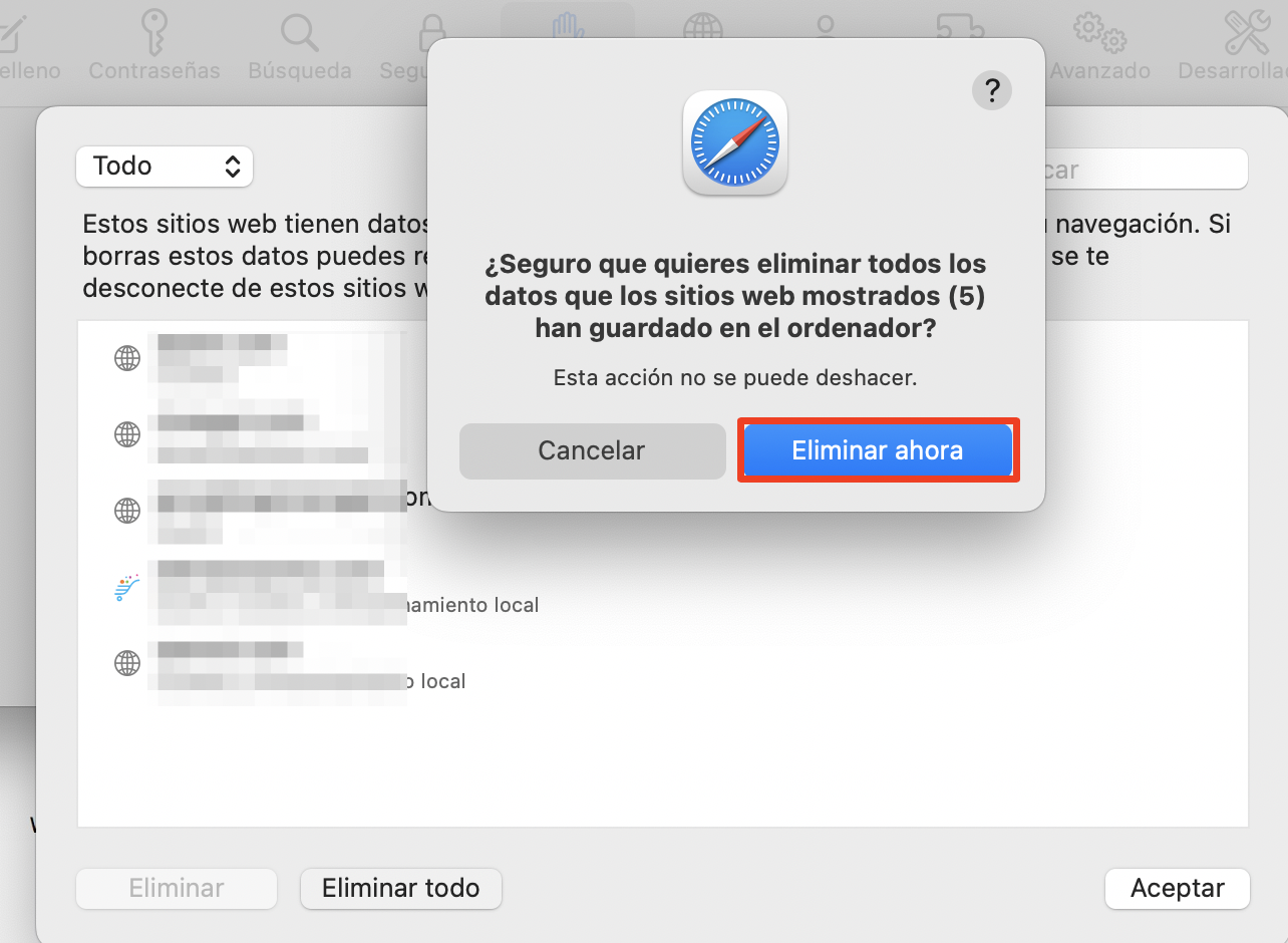 Haz clic en Eliminar ahora para iniciar el proceso de borrado de los datos almacenados de tu navegador.