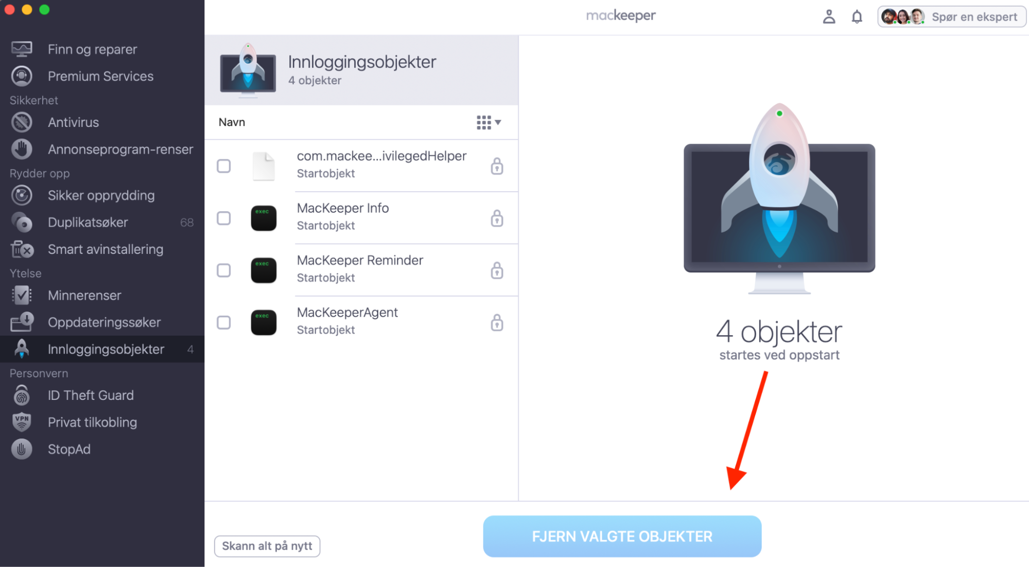 MacKeeper på Mac viser Innloggingsobjekter-verktøyet. Etter at du har markert appene du ikke vil skal kjøre ved oppstart, klikker du på Fjern valgte elementer.