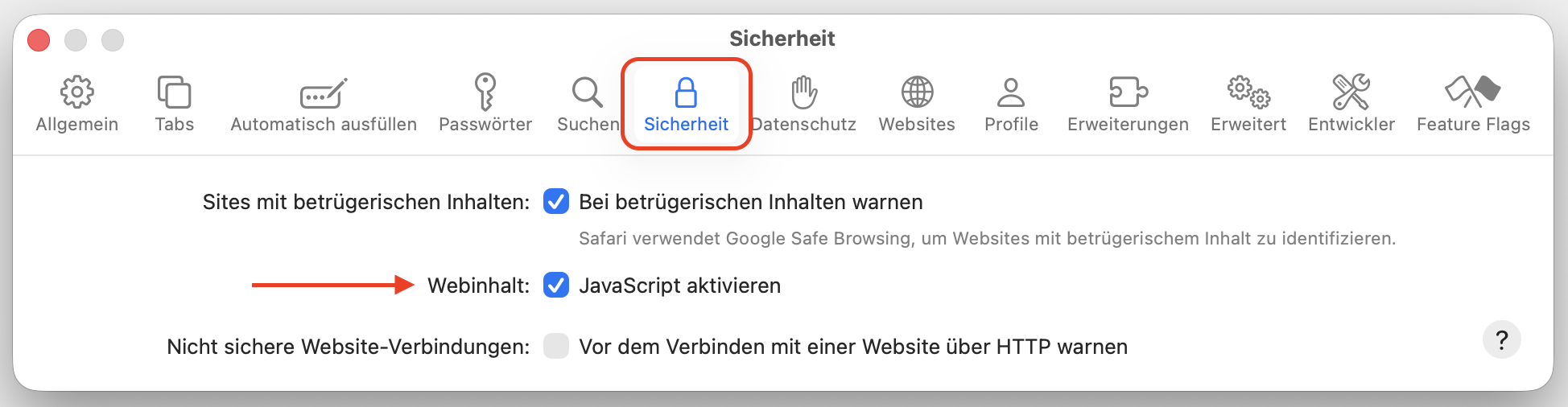 Aktivieren Sie JavaScript in der Registerkarte Sicherheit.