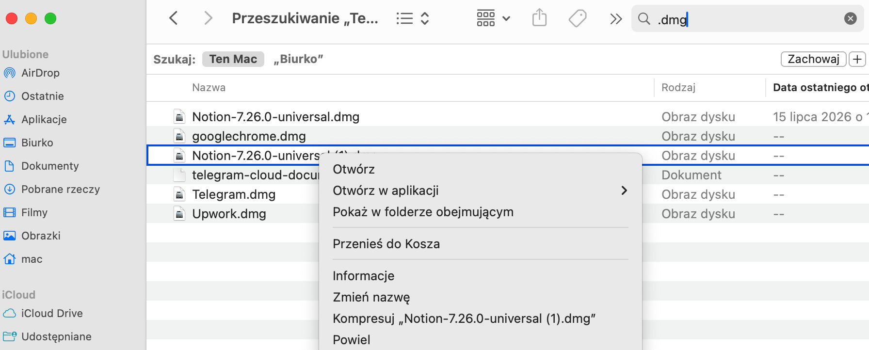 Gdy już znajdziesz obrazy dysków i pliki archiwów, których chcesz się pozbyć, wystarczy kliknąć prawym przyciskiem myszy i wybrać Przenieś do kosza. Nie zapomnij również opróżnić kosza później, aby trwale usunąć te pliki z MacBooka lub iMaca.