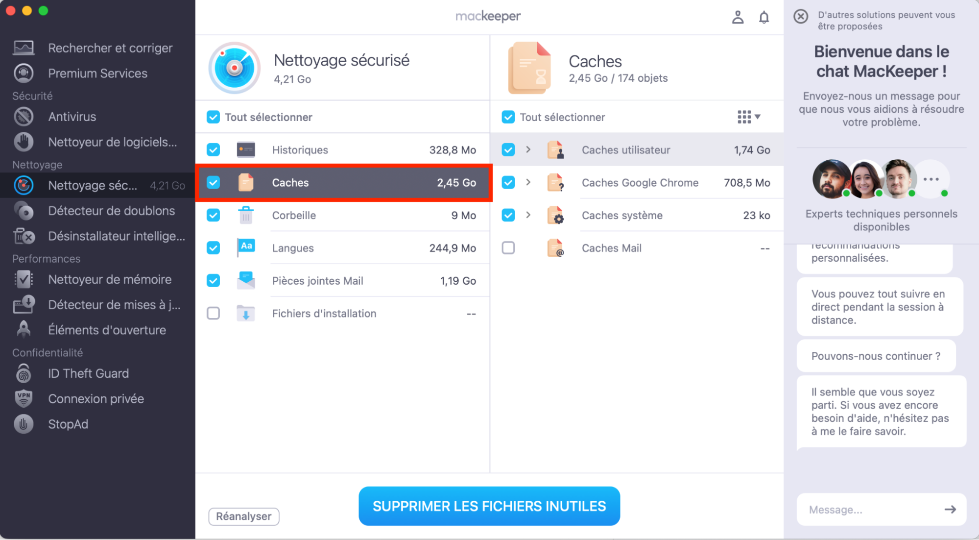 Lorsque les résultats s’affichent sur votre appareil, cochez la case en face de Caches. Vous devrez ensuite cliquer sur Supprimer les fichiers inutiles pour commencer à tout effacer de votre Mac Monterey.