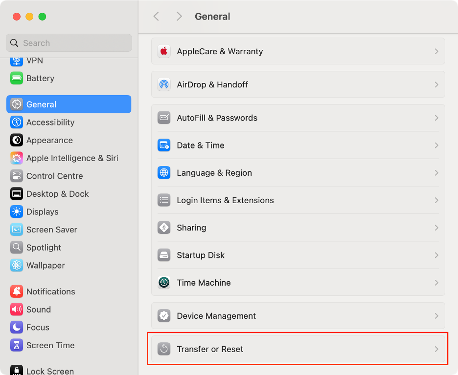 To resolve the com.apple.buildinfo.preflight.error by erasing your Mac, select Transfer or Reset from the right-hand menu.