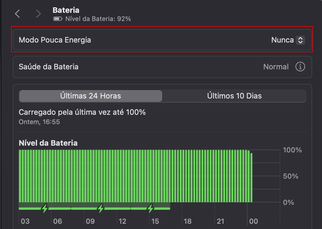 Para redefinir as configurações de Wi-Fi junto com as configurações de Bateria, vá ao menu Apple > Ajustes do Sistema > Bateria. Em seguida, desative o Modo Pouca Energia escolhendo Nunca.
