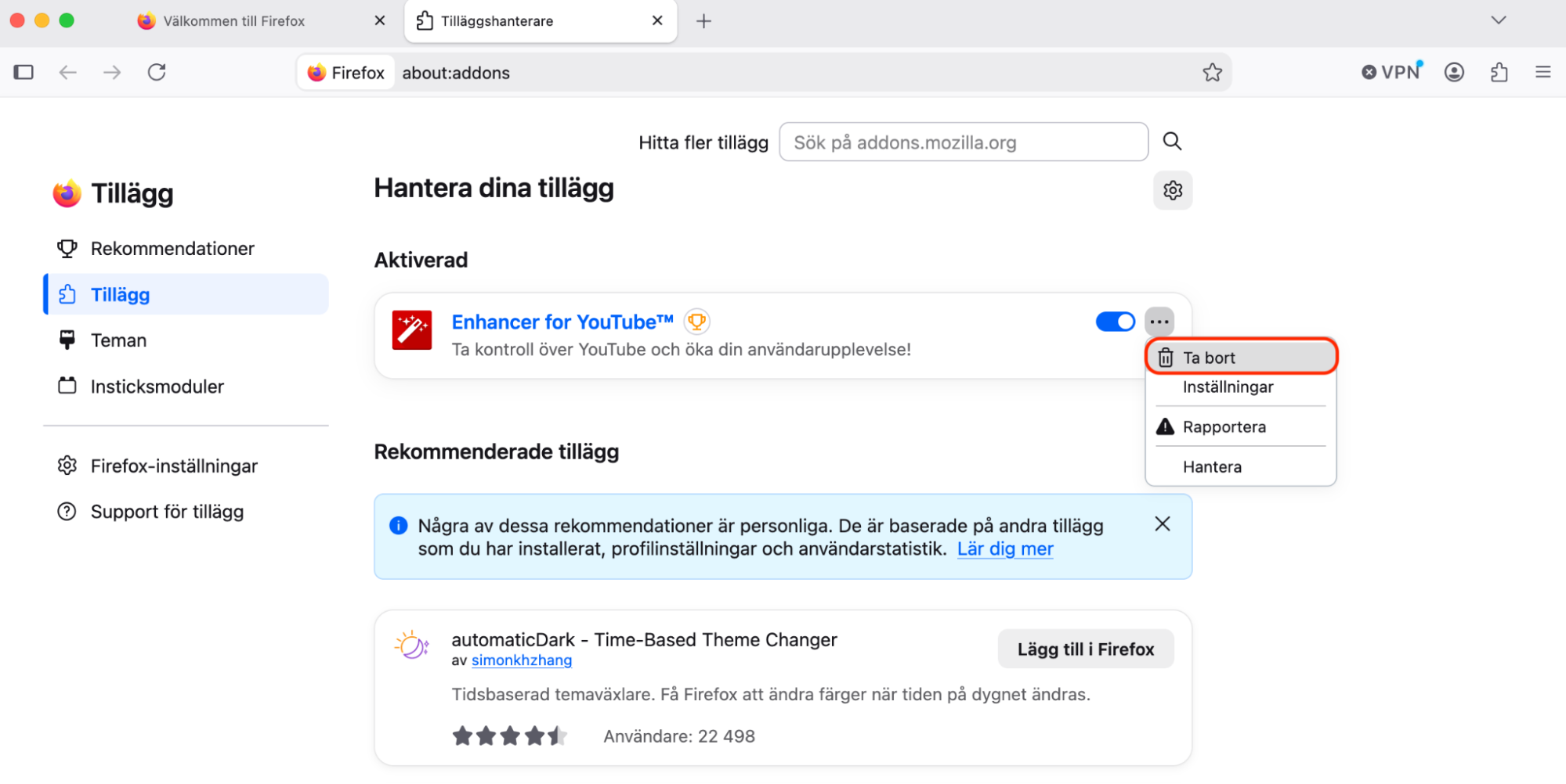 På Firefox sida 'Hantera dina tillägg' klickar du på de tre punkterna bredvid ett tillägg och klickar sedan på knappen 'Ta bort'.