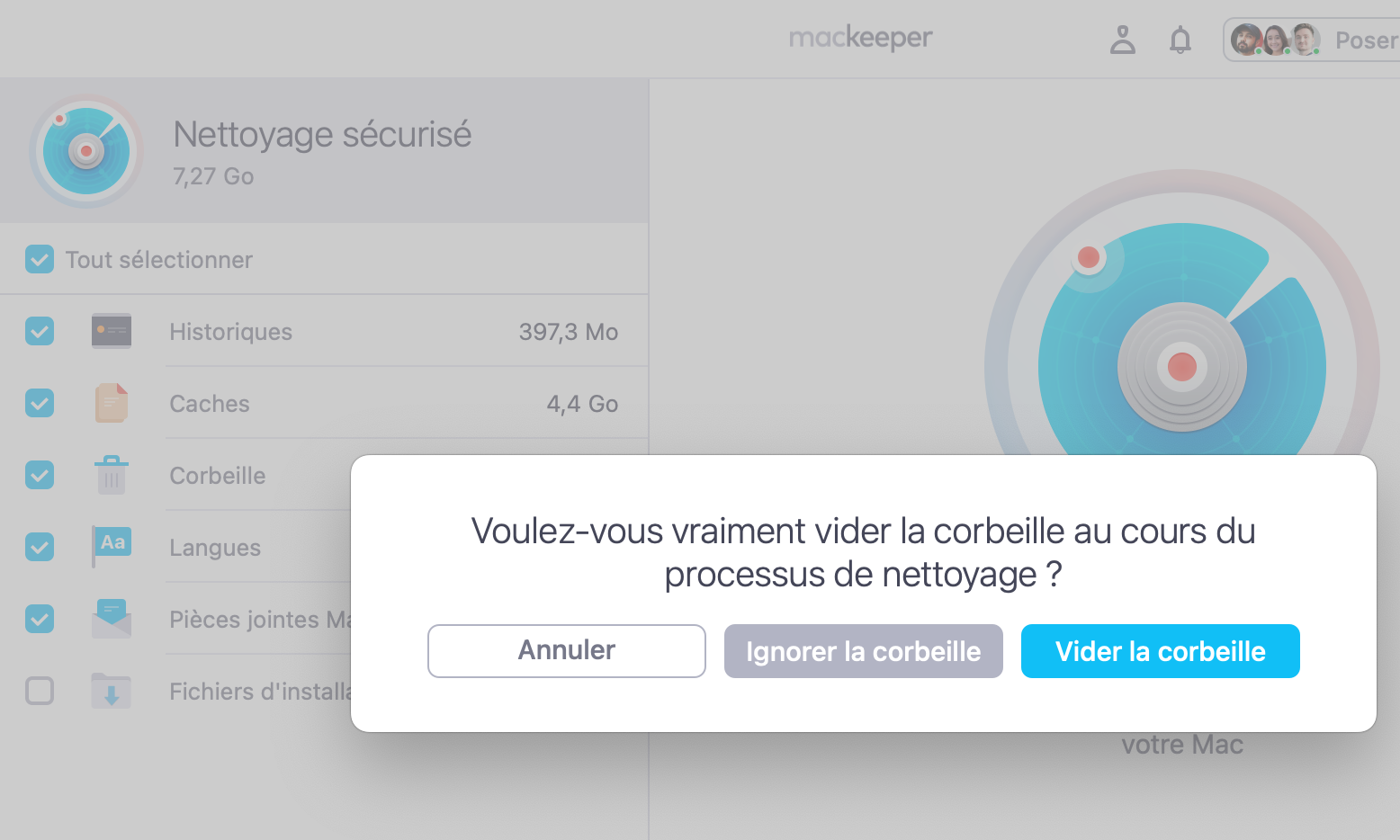 Sélectionnez Vider la corbeille si vous voulez vider la Corbeille ou sélectionnez Ignorer la corbeille si vous ne le voulez pas.