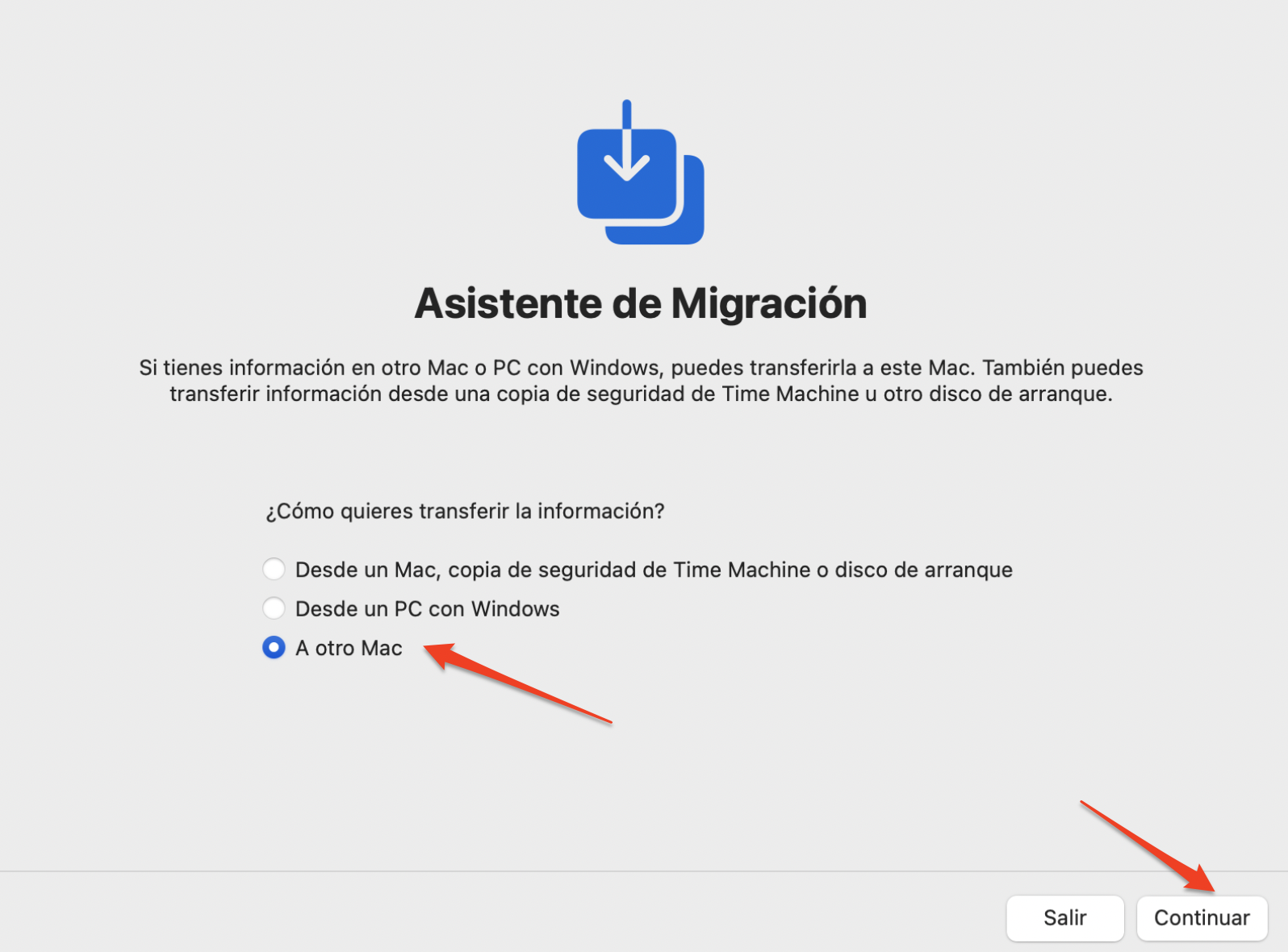 Asistente de Migración en Mac mostrando las opciones para transferir datos. Para utilizar el Asistente de Migración para mover contenido de un Mac a otro, seleccione A otro Mac y, a continuación, haga clic en Continuar. Asistente de Migración en Mac mostrando las opciones para transferir datos. Para utilizar el Asistente de Migración para mover contenido de un Mac a otro, seleccione A otro Mac y, a continuación, haga clic en Continuar.