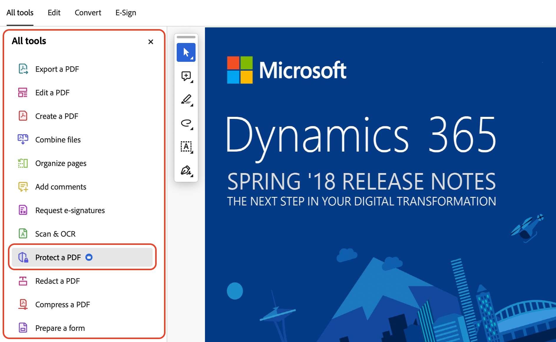 Locate Tools in the left navigation bar in Adobe Acrobat, then select Protect to open document security settings and manage PDF password options.