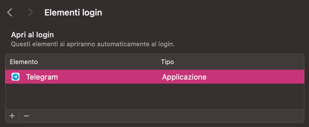 Rimuovi gli elementi di login che si aprono automaticamente andando nella parte superiore di Elementi login e selezionando i processi che vuoi disattivare. Poi tocca l’icona –.