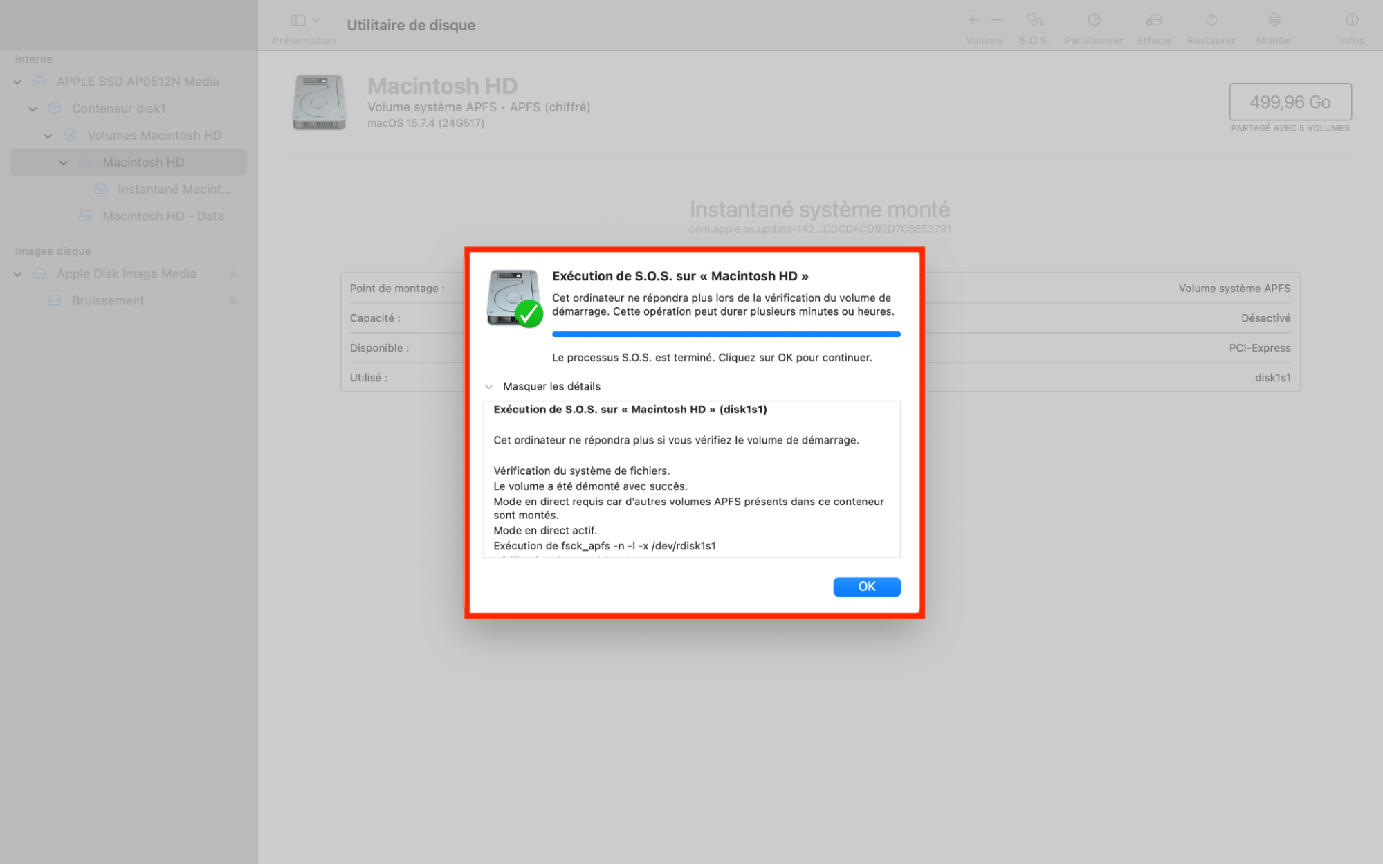 Suivez les instructions qui s'affichent à l'écran. Il est normal que votre Mac se fige temporairement pendant la réparation. Une fois le processus terminé, un rapport indiquera ce qui a été corrigé ou les problèmes détectés.