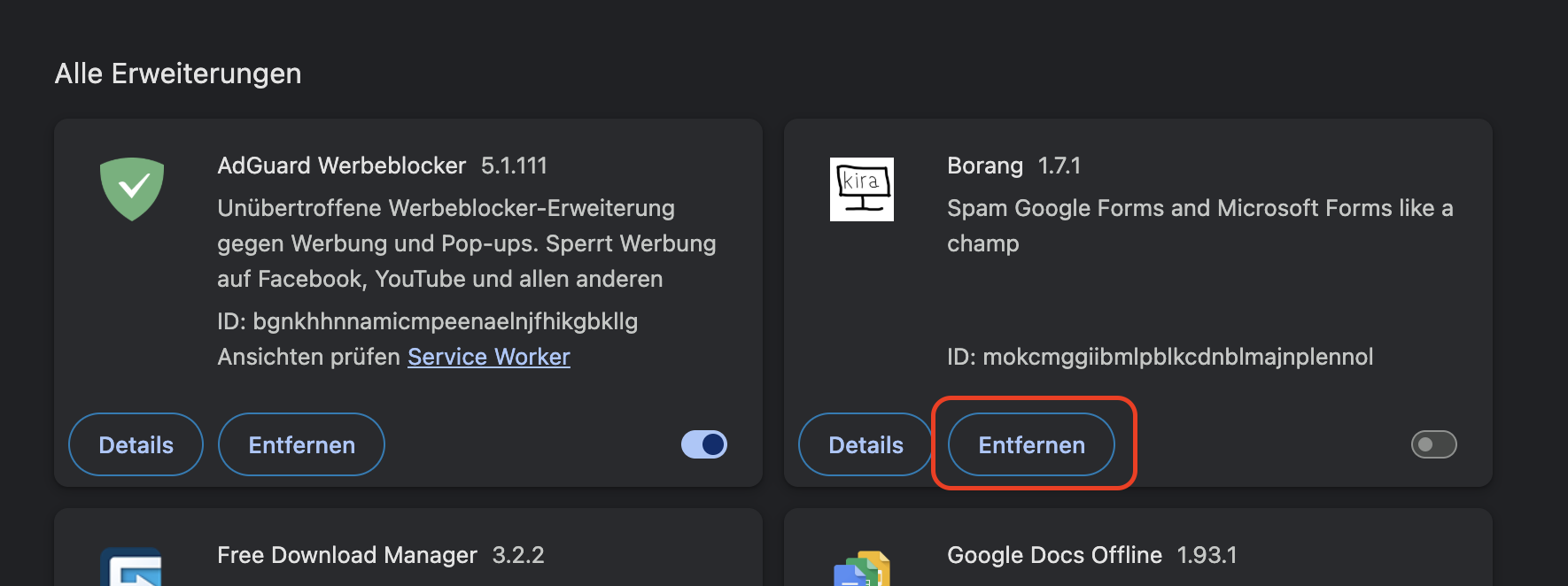 Google Chrome in macOS Monterey zeigt eine installierte Erweiterung an. Klicken Sie unter der zu löschenden Erweiterung auf die Schaltfläche Entfernen.