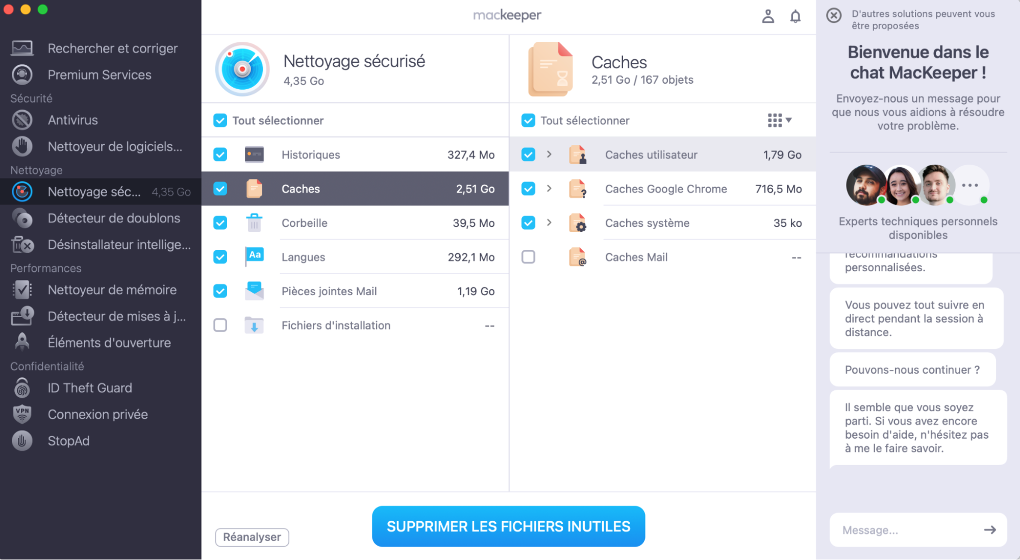 Après l'analyse, vous pouvez examiner les fichiers un à un ou cliquer sur Supprimer les fichiers inutiles pour tout effacer en une seule fois. Cela permet de maintenir votre navigateur fluide en éliminant les données inutiles.
