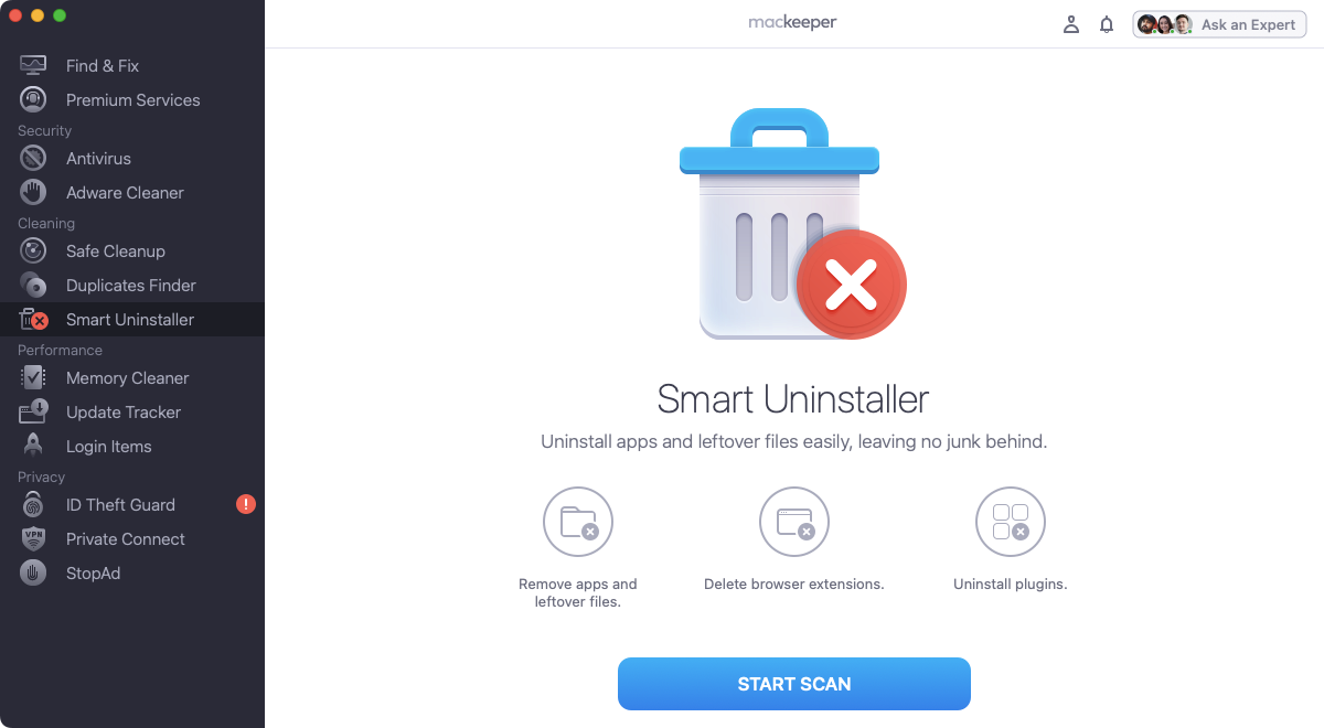 MacKeeper's Smart Uninstaller can safely find and remove all kinds of apps, as well as plugins and extensions. Select it and click 'Start Scan'.