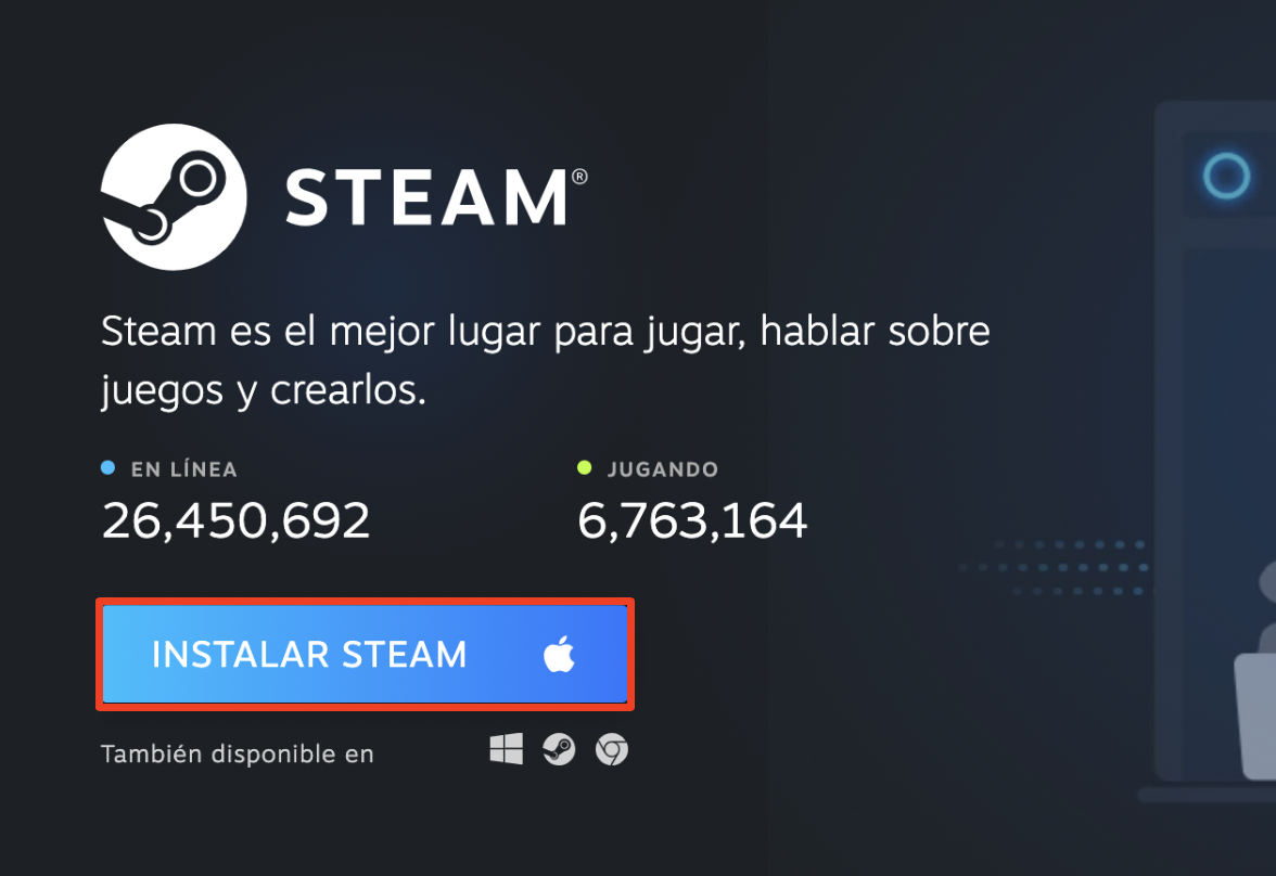Ventana del navegador mostrando la página de descarga de Steam. Haz clic en el botón Instalar Steam para iniciar la descarga.