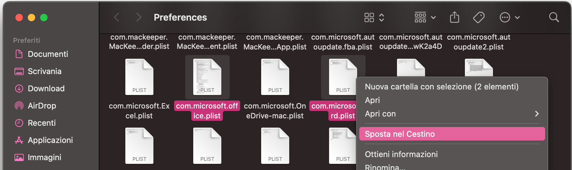 Scorri il contenuto della cartella Preferenze e cerca i file relativi a Microsoft Word. Eliminalo, poi riprova Word per Mac.