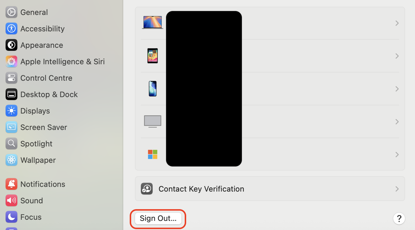 Back up important files, open System Settings > Apple Account, and choose Sign Out to disconnect your Mac from iCloud and related services.