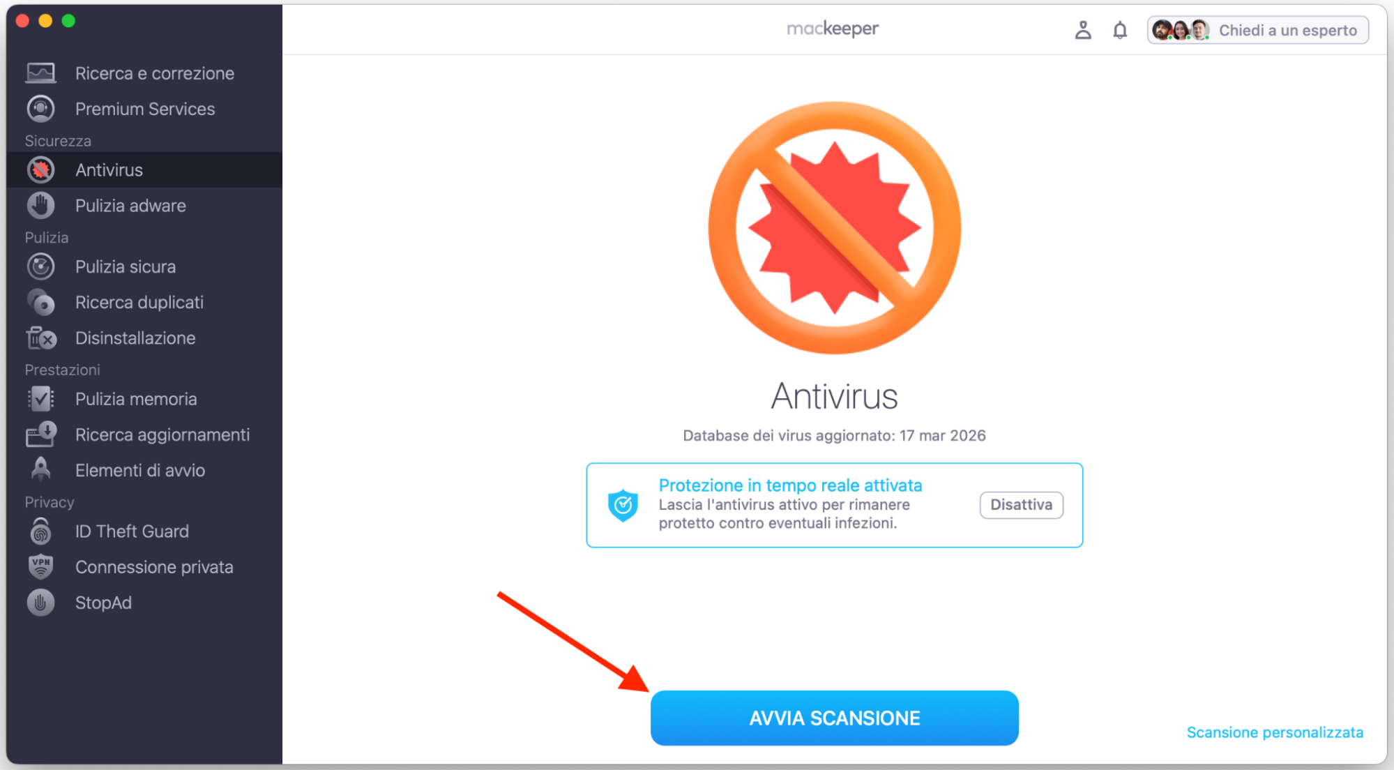 Su Mac, MacKeeper mostra l’utilità antivirus. Fai clic sul pulsante Avvia scansione per identificare ed eventualmente rimuovere qualsiasi malware presente sul tuo dispositivo.