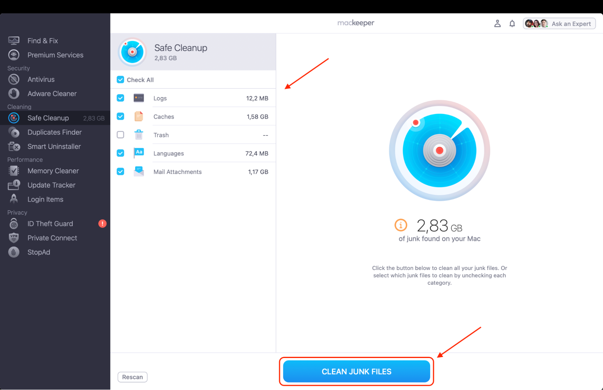Open MacKeeper on your Mac, choose Safe Cleanup from the sidebar, click Start Scan, and hit Clean Junk Files to remove system clutter.