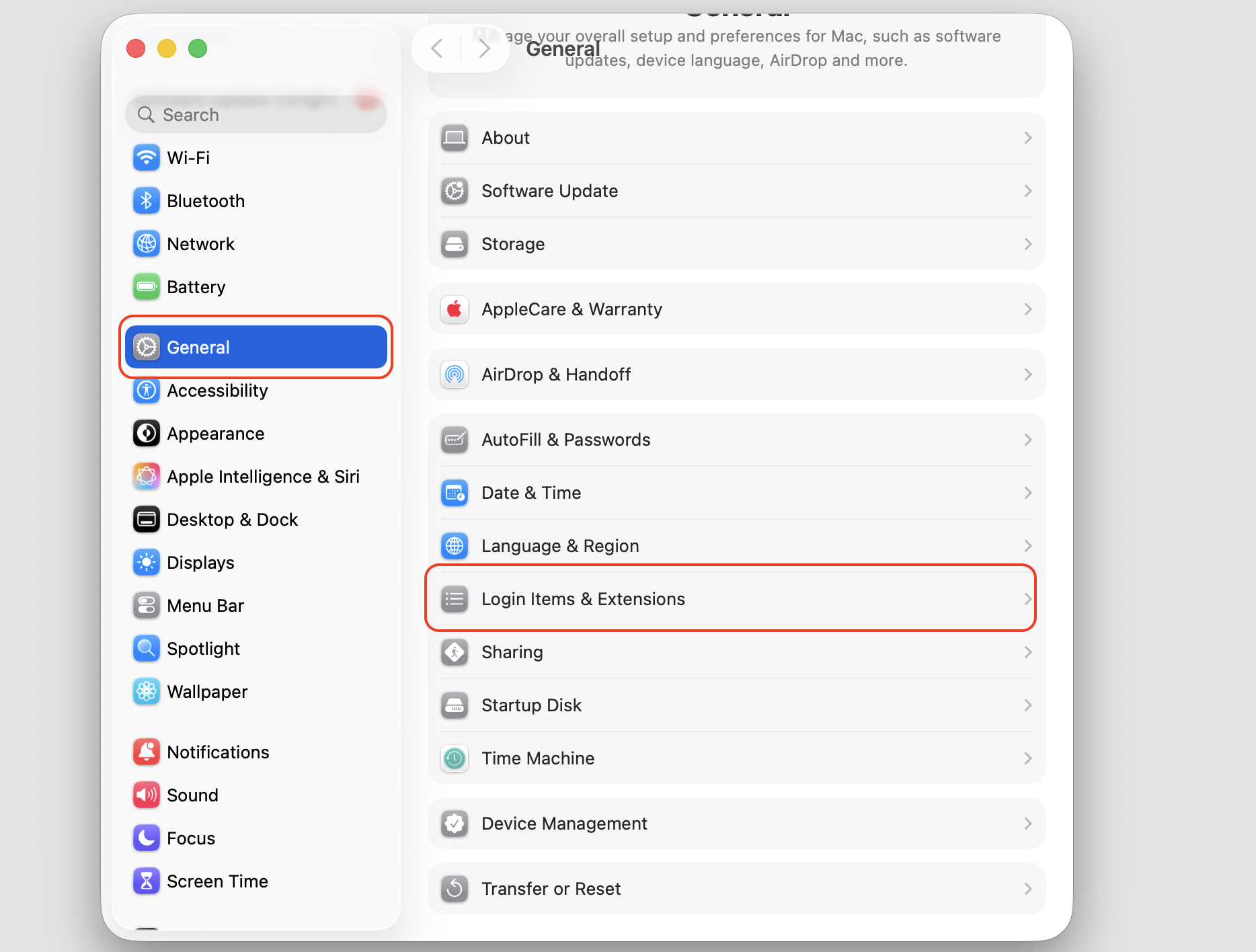 System Settings on macOS 26.2 with General selected and Login Items & Extensions highlighted to review background helpers behind ReportCrash.