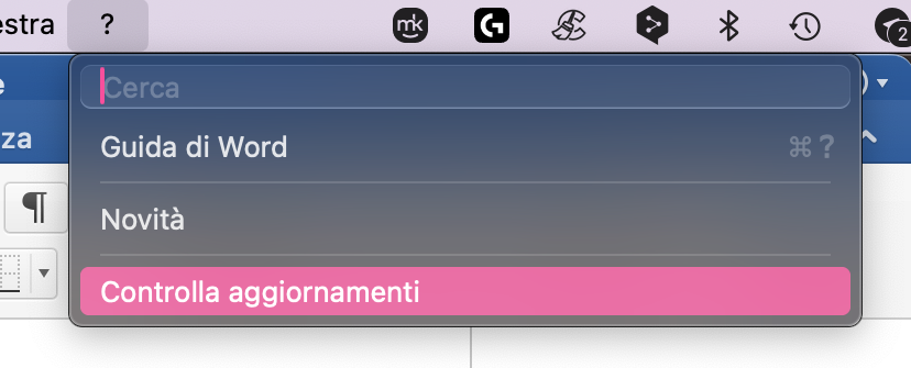 Apri Word su Mac, poi vai alla barra dei menu e scegli ? > Controlla aggiornamenti. Questo aprirà AutoUpdate
