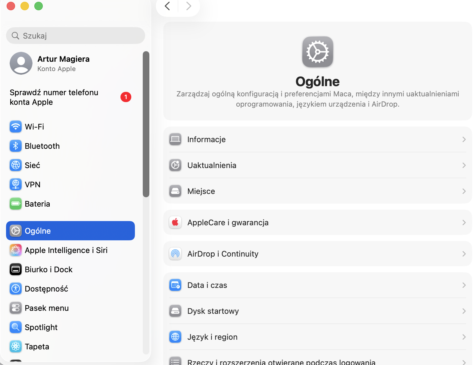 Menu Ogólne w Ustawieniach systemowych na Macu. Wybierz opcję Miejsce, aby zarządzać swoimi danymi i zwolnić miejsce na Macu.