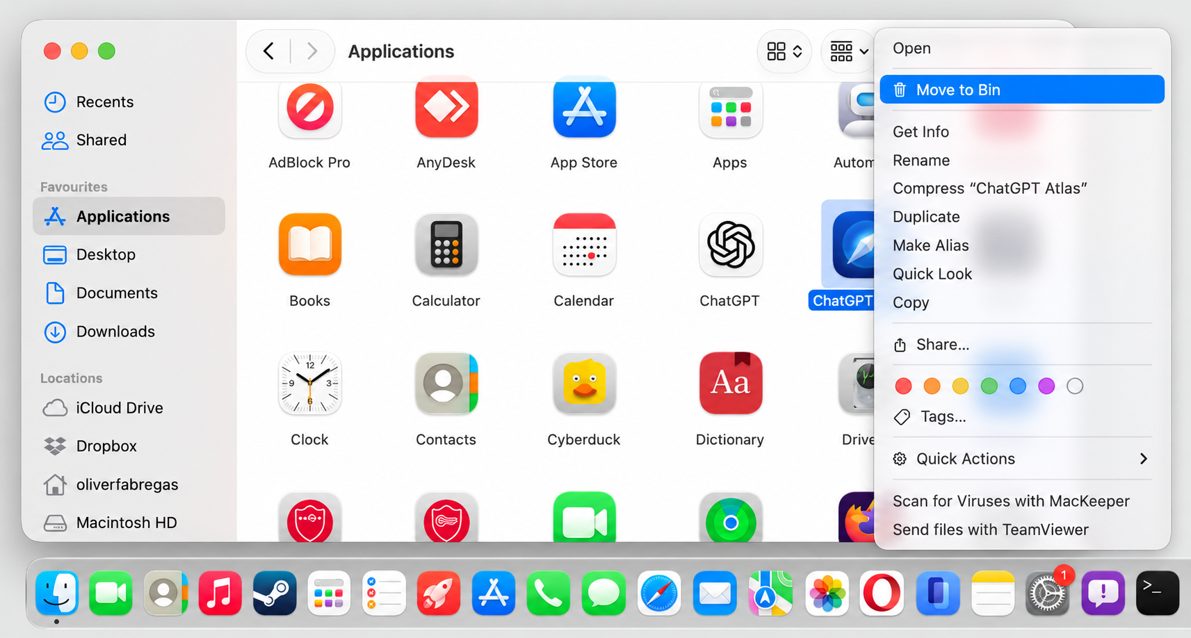 The right-click menu on the ChatGPT Atlas app in Finder on a Mac, with Move to Bin highlighted to send the browser to the Trash.