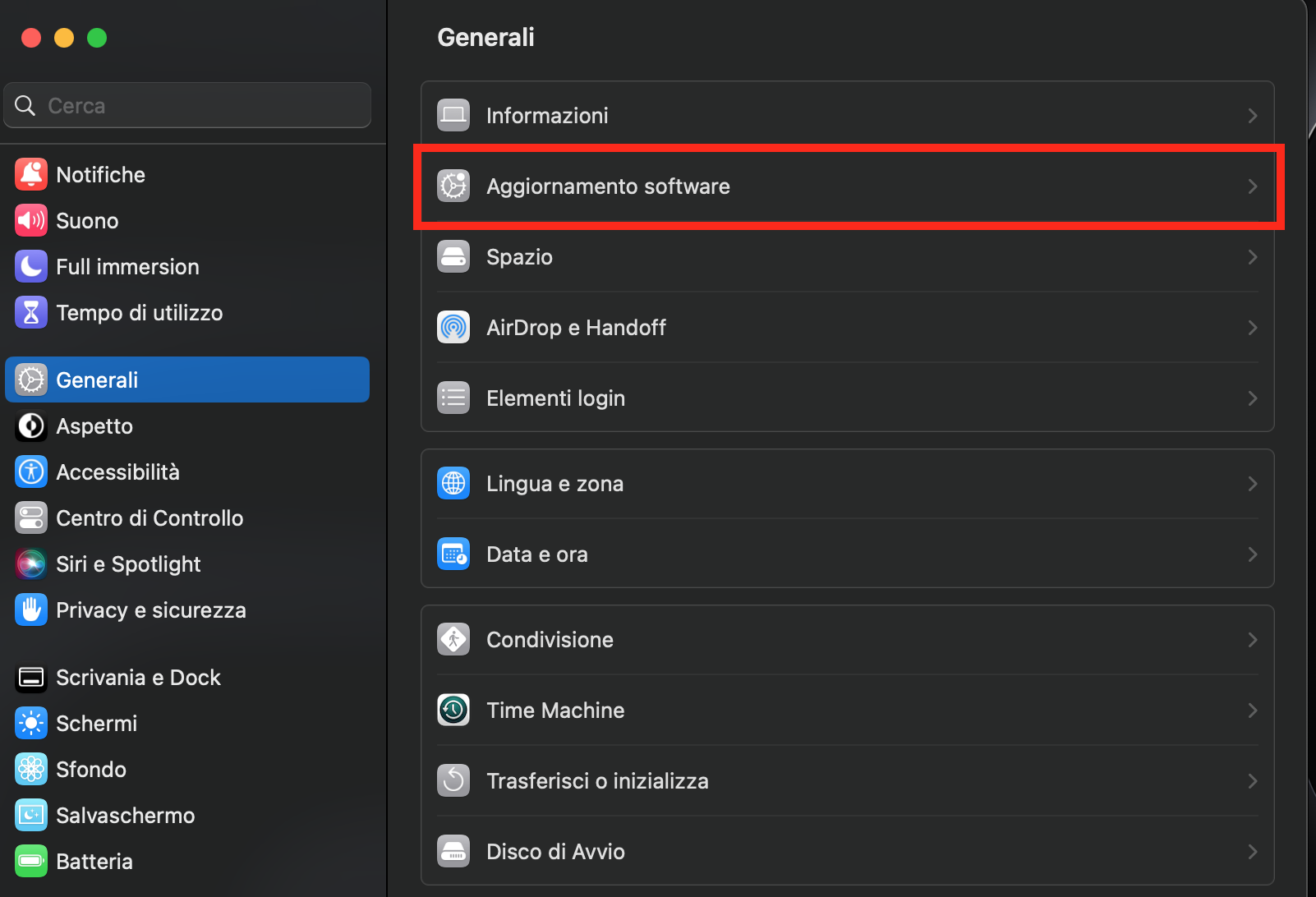 Potrai verificare se sono disponibili aggiornamenti per macOS nelle Impostazioni di Sistema. Vai alla sezione Generali > Aggiornamento Software per verificare la presenza di aggiornamenti.