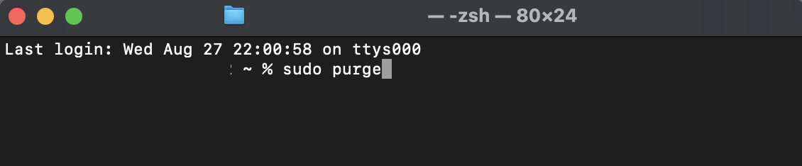 O aplicativo Terminal exibe a área de digitação onde você pode inserir os comandos necessários. Neste caso, o comando é sudo purge — usado para excluir caches e liberar parte da memória RAM no Mac.